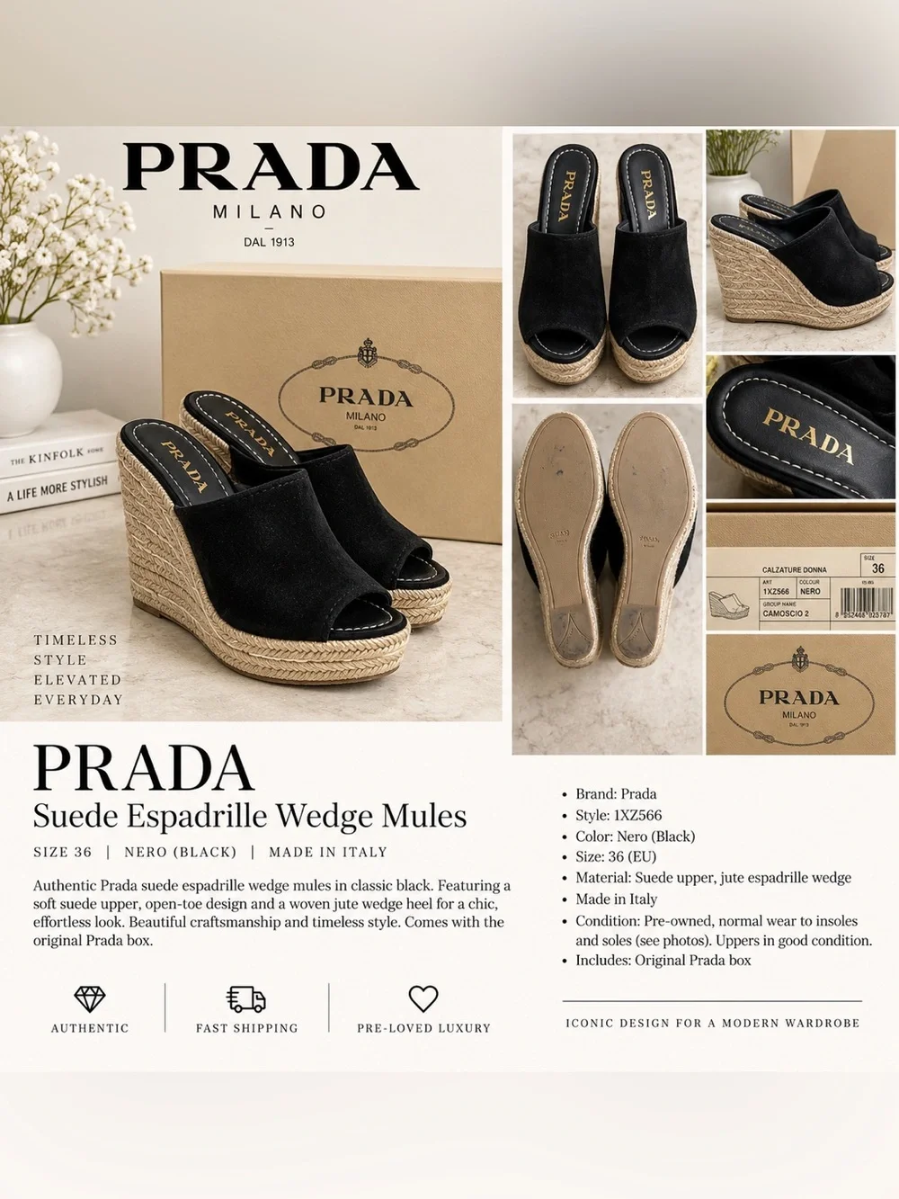 Prada Black Suede Espadrille Wedge Mules